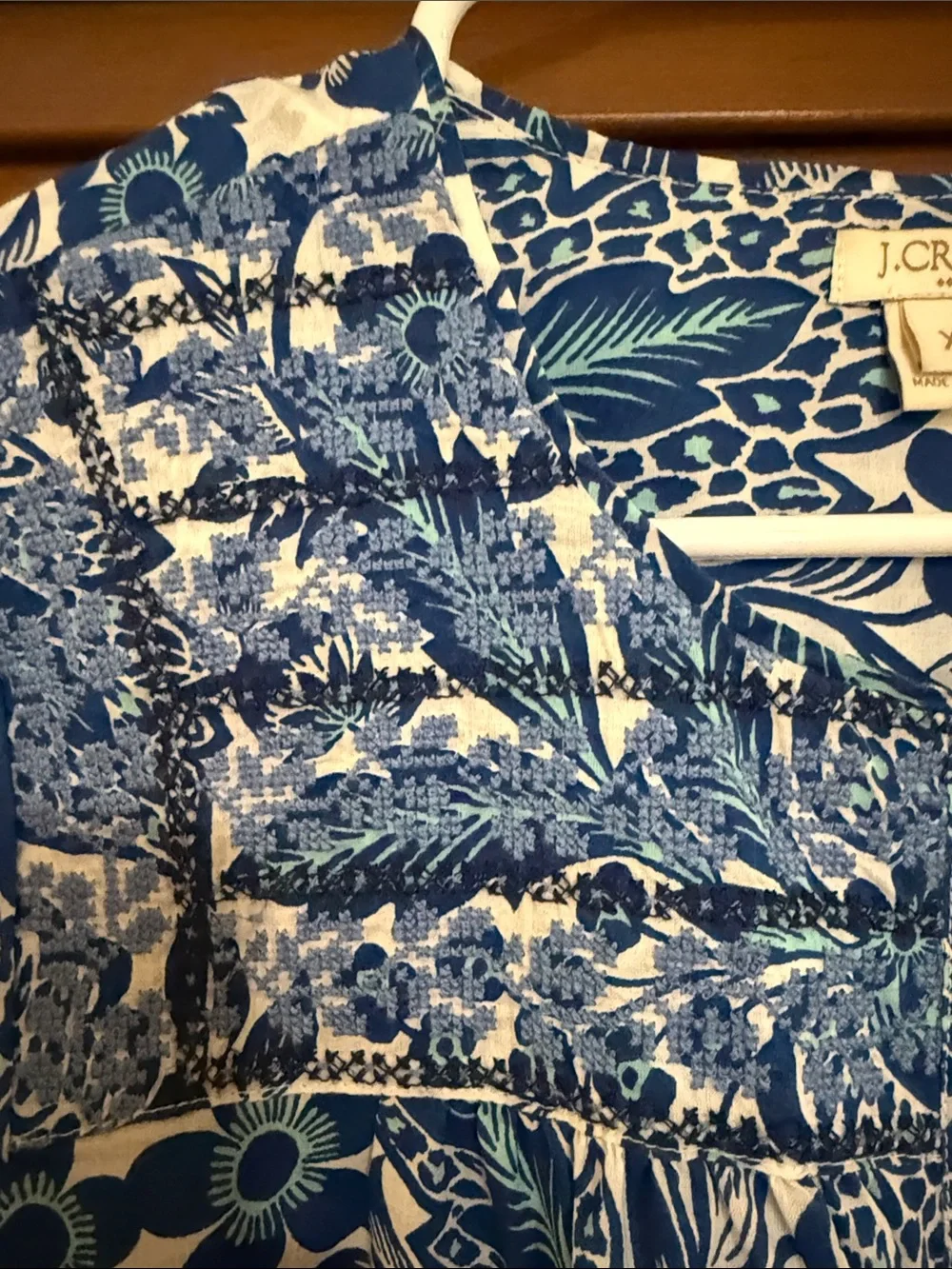 J. Crew Blue and White Floral Embroidered Yoke Tunic Blouse